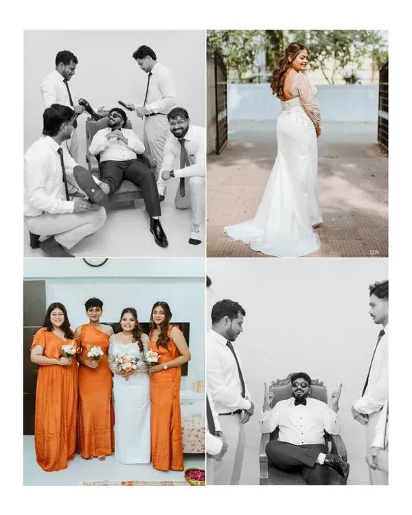 A collage capturing the fun, candid moments of the bride and groom with their respective wedding parties. These unposed shots are full of personality and genuine friendship.