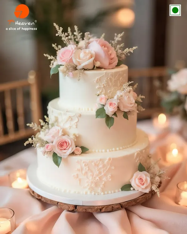We believe your wedding cake should be as beautiful as your love story. This three-tiered floral masterpiece combines classic elegance with delicate sugar art, creating a stunning centerpiece for your big day.