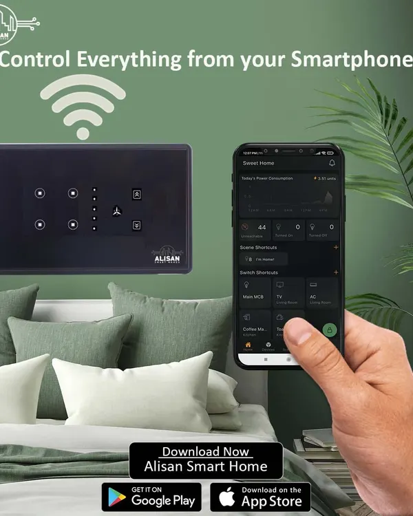Control everything from your smartphone with the Alisan Smart Home app. This image shows our sleek black touch panel next to the app interface, demonstrating how you can manage your bedroom's climate and lighting with a tap.