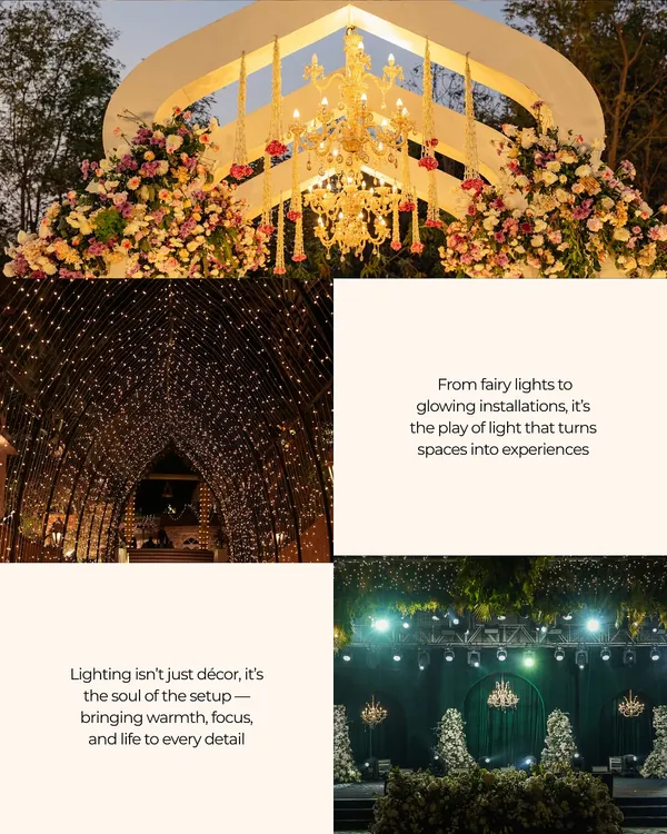 A collage showcasing the transformative power of light. From grand chandeliers at an entrance to a tunnel of fairy lights and dramatic stage lighting, each element is chosen to create a specific mood and experience.
