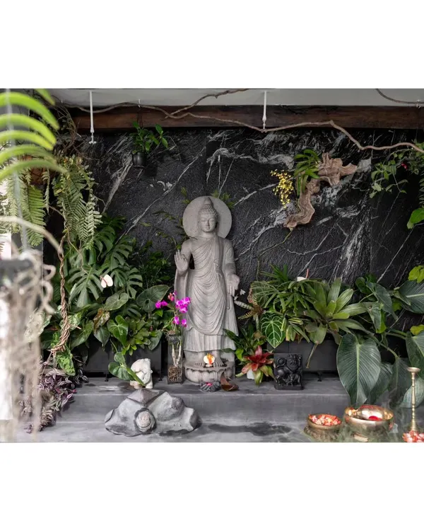 A wider view of the sunroom I helped design, showing the standing Buddha statue as the serene centerpiece. This is what I love to do: create a peaceful garden in the sky, a space for the wild and free.