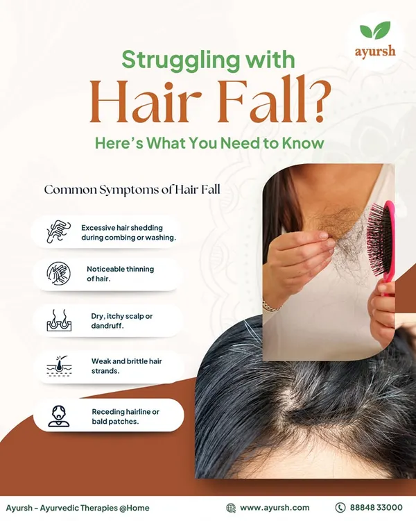 Are you struggling with hair fall? This visual helps you identify the common symptoms, from excessive shedding and thinning to a dry, itchy scalp. Recognizing these signs is the first step toward finding the right Ayurvedic solution.