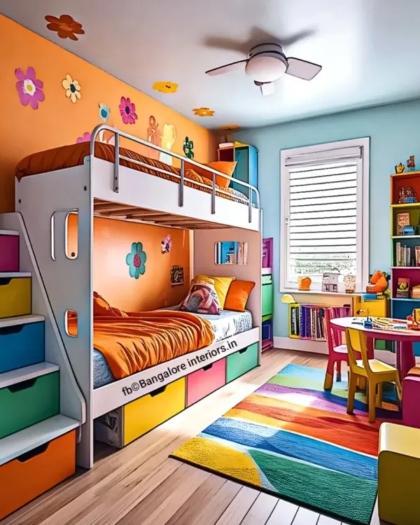 A burst of color makes this shared kids' room so cheerful. The bunk bed features rainbow-colored storage drawers, and a dedicated table and chairs create the perfect spot for arts and crafts.