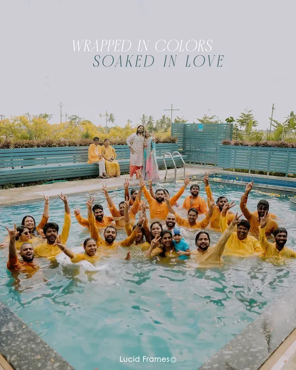 "Wrapped in colors, soaked in love." The entire wedding party takes the Haldi celebration to the pool for an unforgettable day of fun.