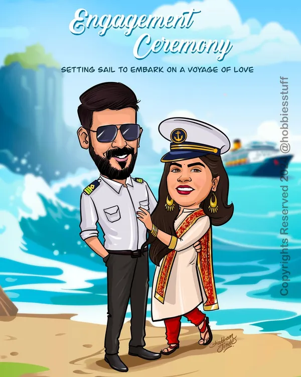 This custom engagement caricature is a perfect example of turning a special moment into a unique piece of art. I worked with the couple to create this nautical theme, "Setting sail on a voyage of love," to celebrate their new beginning.