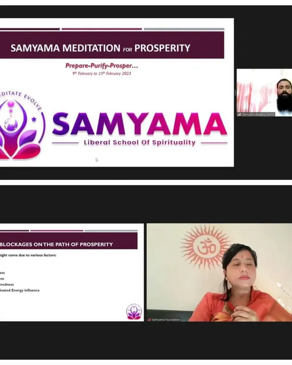 A collage from our exclusive online workshop on prosperity. The slides show our structured approach, teaching participants about blockages on the path to prosperity while we guide them through a powerful meditation healing process.