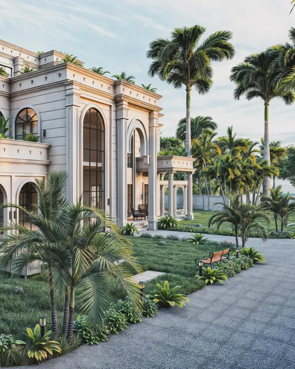 A daytime rendering of the classical farmhouse, showcasing the grand arched windows and columns. The bright sunlight emphasizes the scale of the property and the meticulous detail of the surrounding tropical gardens and pathways.