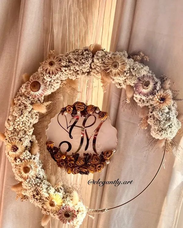 A new product I'm excited about: the hanging logo wreath. This piece preserves a wedding garland around a floral hoop, with a custom resin logo of the couple's initials in the center.