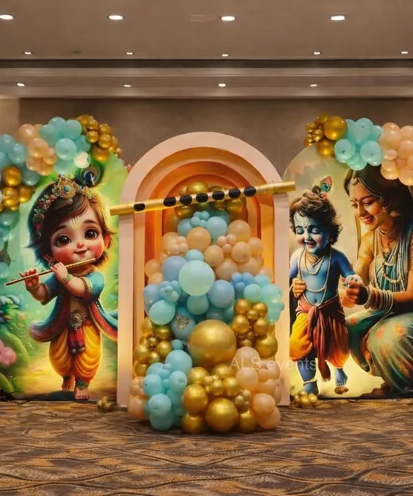 A grand stage for a divine celebration. We designed this Bal Krishna themed backdrop with custom illustrations, a cascade of pastel and gold balloons, and soft lighting to create a magical atmosphere for a naming ceremony.