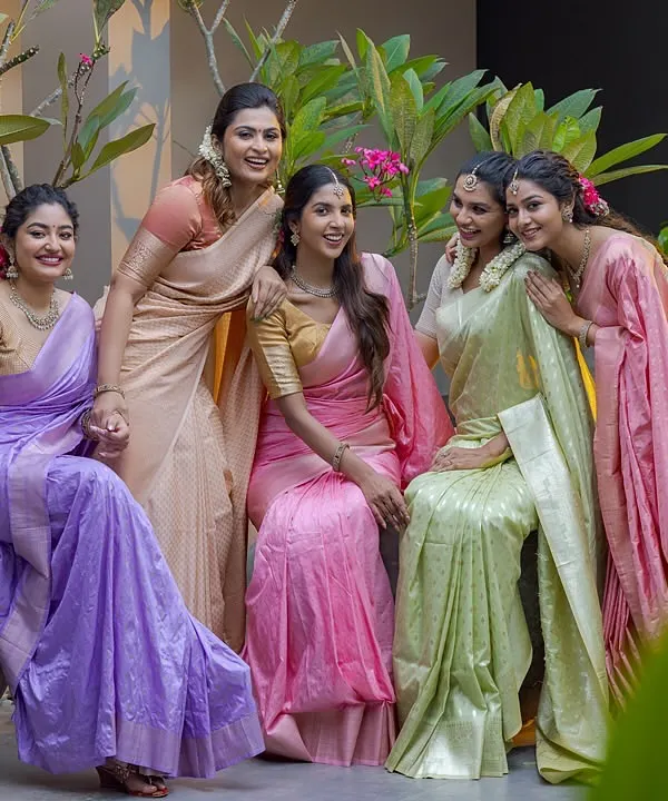 A beautiful group shot from a campaign for Thamarai Threads. I created coordinated, natural makeup looks for all the models to complement the pastel color palette of the sarees, showcasing a cohesive style perfect for a bridal party.