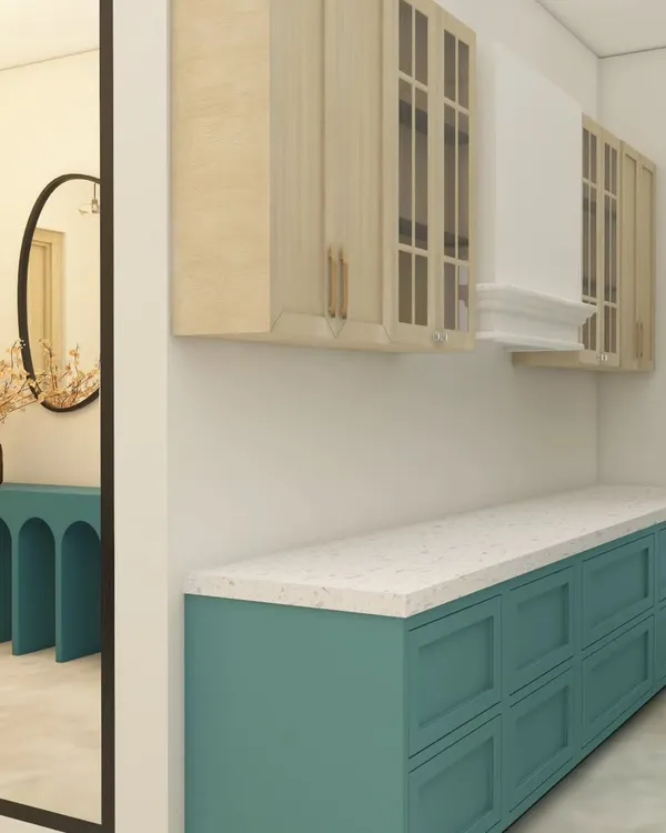 A 3D design for a living and dining room at ATS Nobility, Noida Extension. This render shows a two-tone crockery unit with a console table, helping the client visualize the color scheme and layout.