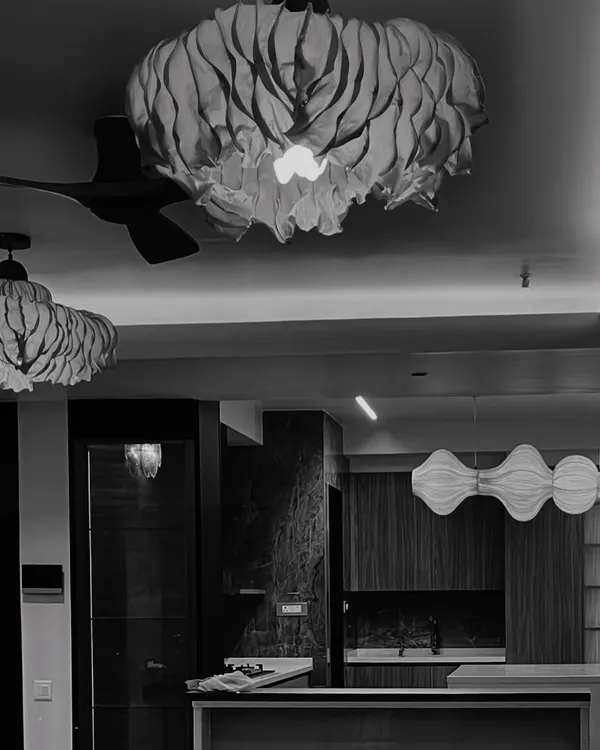 A study in sculptural lighting. This black and white photo highlights the different forms and textures of light fixtures in one of our projects, from folded paper-like shades to undulating wooden pendants, each adding a layer of artistry to the ceiling.