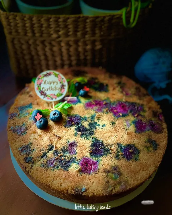 This is my Blueberry, Lavender, and Lime cake, made with whole wheat flour. The combination of tart blueberries, fragrant lavender, and zesty lime is simply delicious.