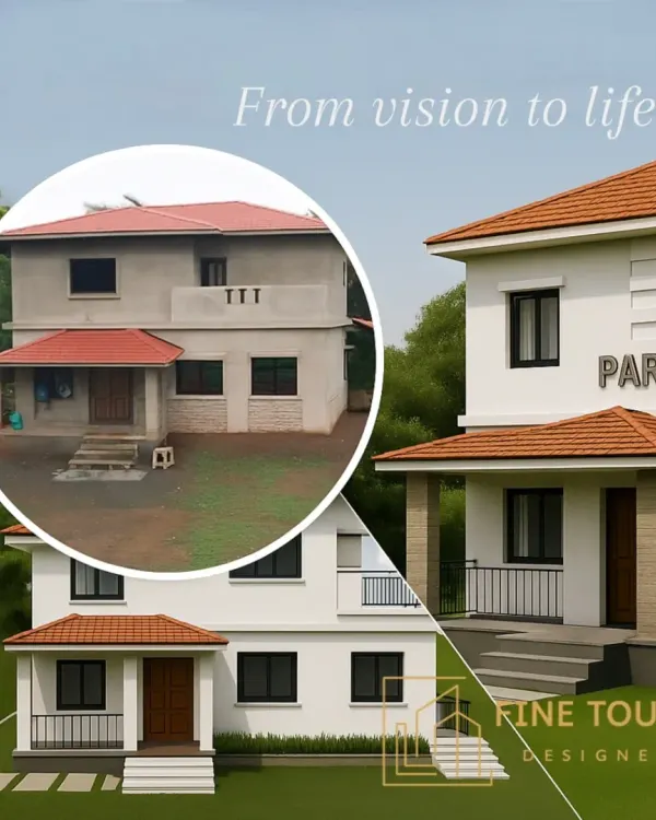 This image showcases the power of architectural transformation. On the left is the original structure, and on the right is my 3D architectural visualization, demonstrating how I can completely reinvent a home's facade to create a modern and elegant residence.