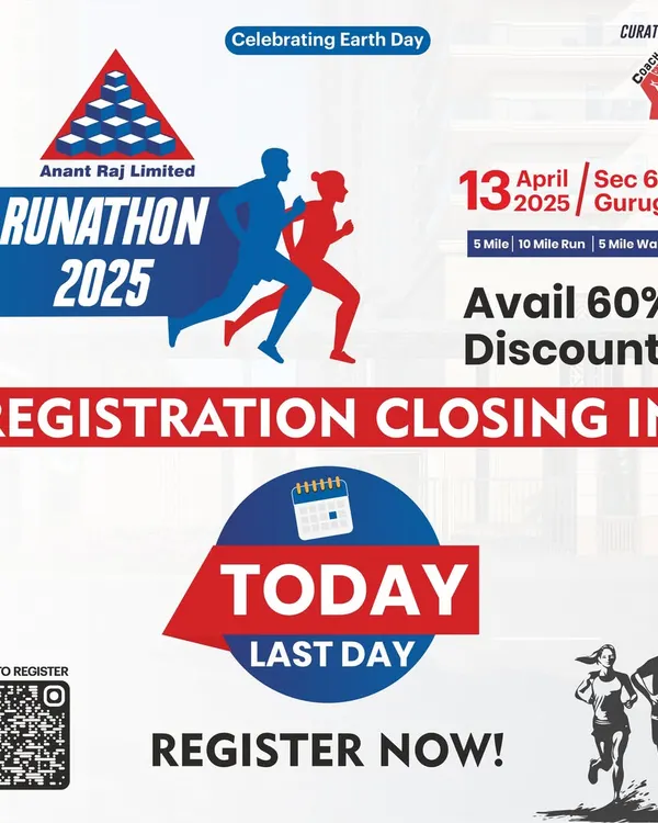 This "Registration Closing Today" graphic for the Anant Raj Runathon is a powerful call to action. I use time-sensitive promotions to convert interest into immediate sign-ups.