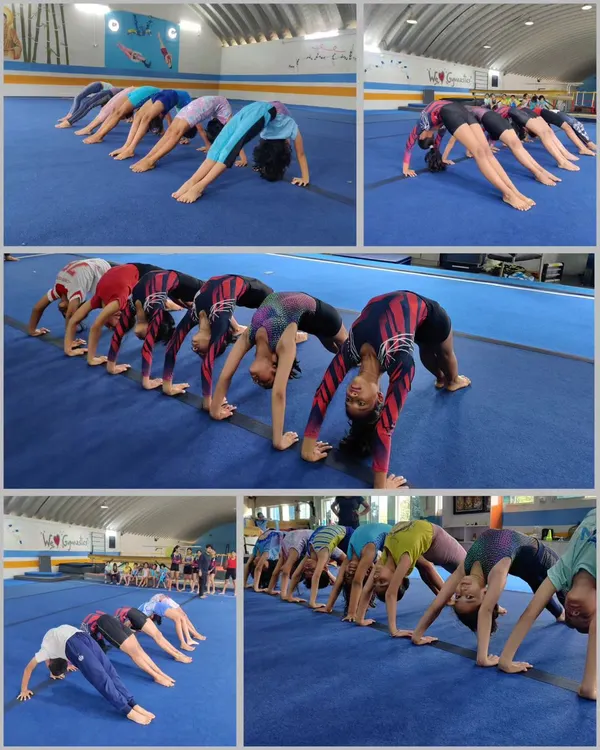 A look at our "Flexible Day" training, where gymnasts work together on back bridge chains to improve spinal flexibility and strength.