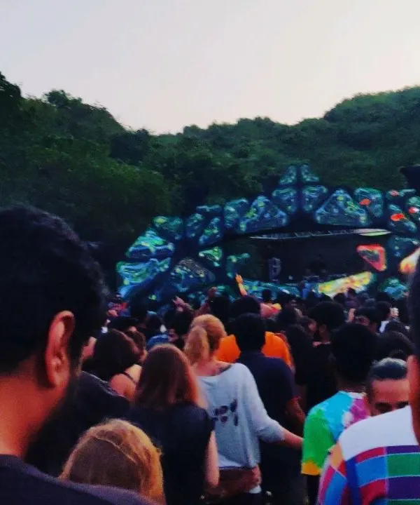 The view from the crowd at Karacus Maracus 2020 in Goa. This festival is dedicated to Dark Psy and Forest music, some of my favorite genres to perform and dance to. The stage design is always next level.