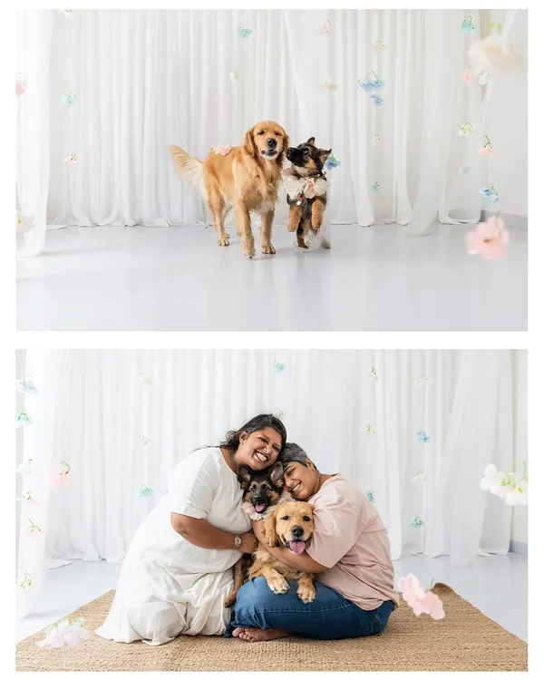 A collage from our Mother's Day mini-sessions. The bright, airy studio setup with hanging flowers was the perfect backdrop to celebrate the special bond between dog moms and their fur-babies.