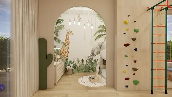We designed this children's crèche to be a space where imaginations can soar. It features a playful jungle mural, a small rock-climbing wall, and other elements that encourage active and creative play in a safe environment.