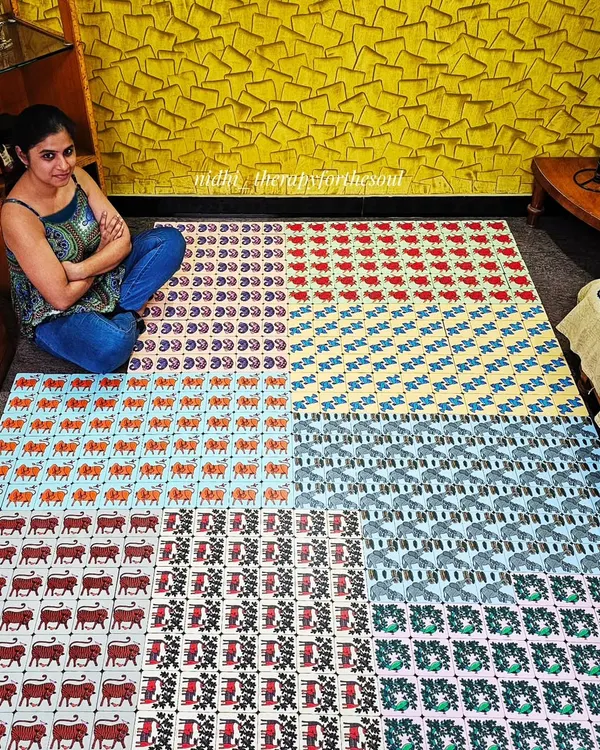 This is what 500 hand-painted and digitally edited Gond art coasters look like! This was a massive bulk order for wedding favors, and I was so happy to send these little pieces of Indian art to the US.