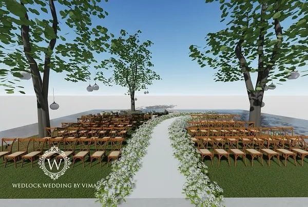 A 3D render of an elegant outdoor reception. This visual preview helps our clients see exactly how the aisle, seating, and stage will look, ensuring every detail is perfect.