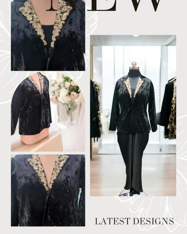 This black velvet blazer with hand-embroidered lapels is a stunning and versatile piece. The rich texture combined with intricate embroidery adds a touch of luxury and can be customized in any color.
