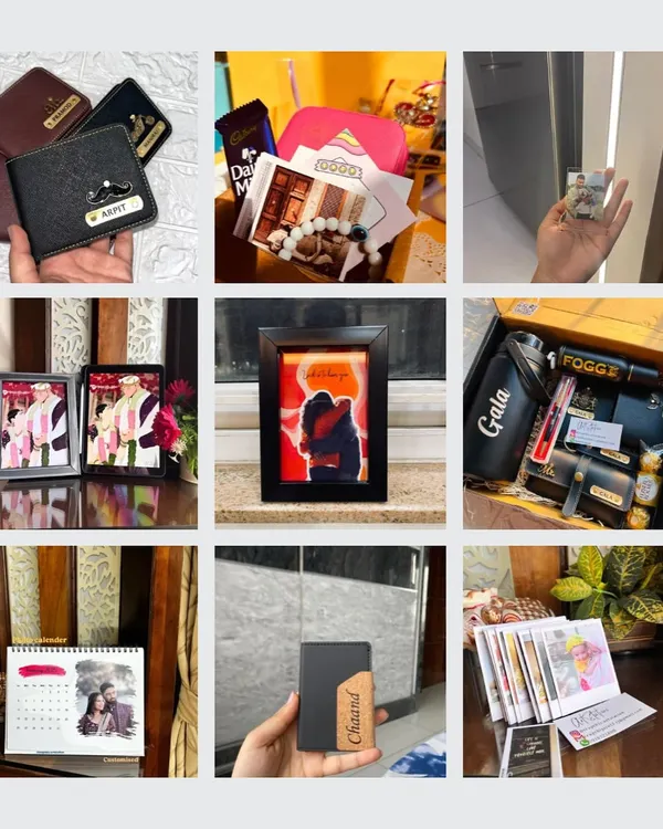 Just a glimpse of the different personalized items I can create for you. This collage shows a variety of products, including custom wallets, photo frames, and a complete gift hamper, highlighting the range of my creative services.