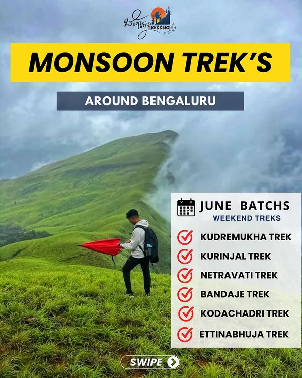 The monsoon is here and the mountains are calling. We've got weekend batches for all the iconic Western Ghats treks like Kudremukha, Netravati, and Bandaje. Swipe to see what adventure you'll choose.
