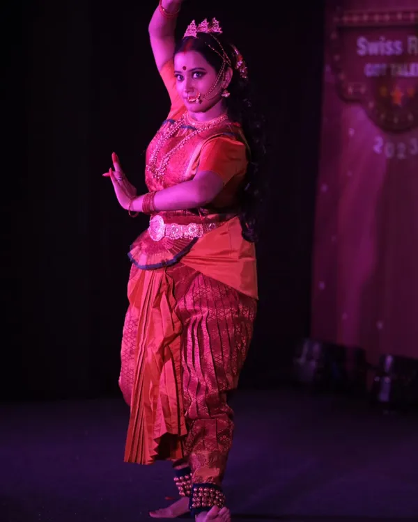 This is a full-length shot of the Draupadi character makeup for a stage performance. The makeup was designed to be visible from a distance, with strong contouring, bold eyes, and traditional details that hold up under dramatic lighting.