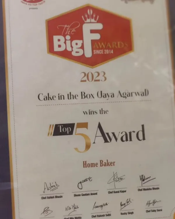 A close-up of my certificate from The Big F Awards, recognizing Cake in the Box as a Top 5 Home Baker in Gurgaon for 2023. This award reflects the trust and support of my wonderful clients.