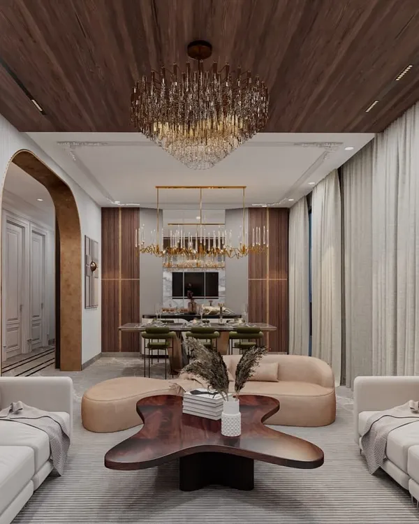 This render illustrates our concept for an open-plan living and dining area. We used a wooden ceiling to define the living space and a pop ceiling for the dining area, creating distinct zones while maintaining a cohesive flow. A large mirror wall behind the dining console enhances the perception of depth.