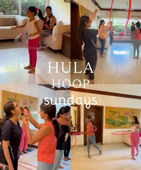 A collage from one of my "Hula Hoop Sundays" workshops. I travel to teach private and group classes, turning living rooms into fun learning spaces. It’s so rewarding to see students progress.