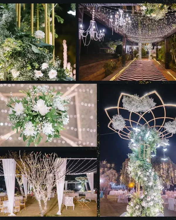 This collage captures the key elements of a starlit wedding reception I designed. It features a grand floral centerpiece, a fairy-lit entrance tunnel, and elegant guest seating, all working together to create a magical evening.