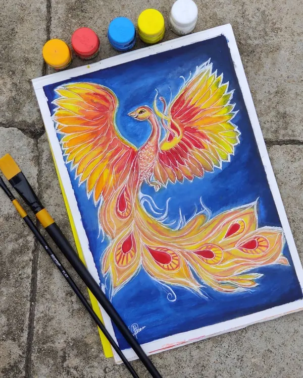 This painting captures the fiery spirit of the Phoenix, a symbol of rebirth and resilience. I used a vibrant palette of reds and yellows against a deep blue background to create a sense of energy and hope. This piece is hand-painted on a canvas board, ready to bring a powerful statement to any room.