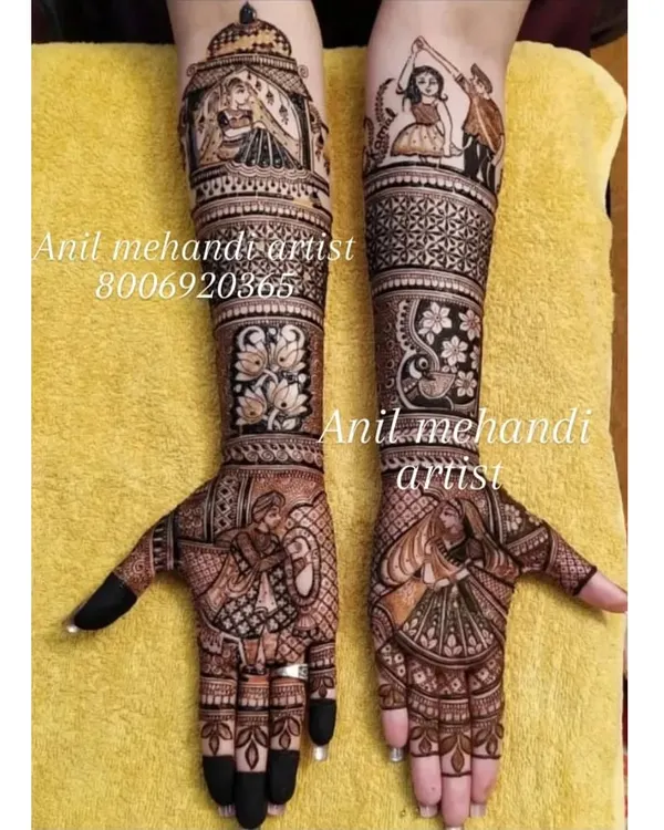 A full bridal mehandi telling a complete wedding story. This design features a Varmala ceremony, doli scene, and dancing figures, with each hand showcasing a different part of the celebration.