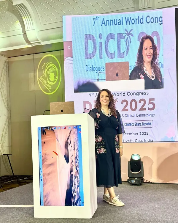On stage at the 7th Annual World Congress, DiCD 2025, in Goa. It is always an honor to be invited to speak and share my experience in interventional and clinical dermatology with my peers.