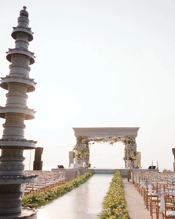 A breathtaking heritage-inspired mandap set against the serene backdrop of the ocean. I designed this to feel both grand and deeply personal, blending timeless tradition with the beauty of a destination beach wedding.