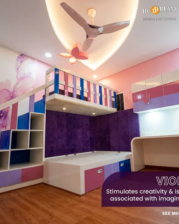 This all-in-one unit is a dream for any child's room. It features a loft bed, a cozy space underneath, a full-sized wardrobe, and an attached study desk, all designed in a creative violet and pink color scheme to spark imagination.