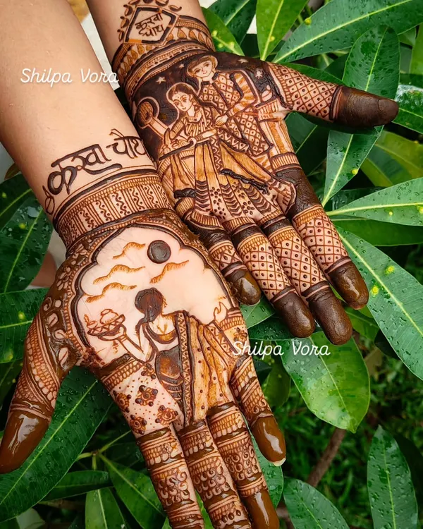 This is a popular Karwa Chauth design, telling the story of the festival across both hands with detailed figurative work.