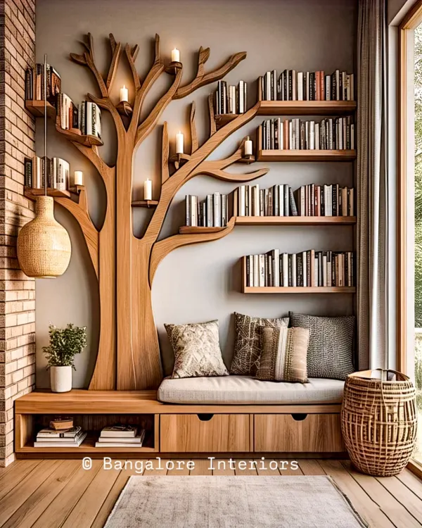 A stunning tree-shaped bookshelf that serves as a captivating piece of wall art. This custom unit includes a cozy reading nook with a bench and storage drawers, making it a reader's paradise.