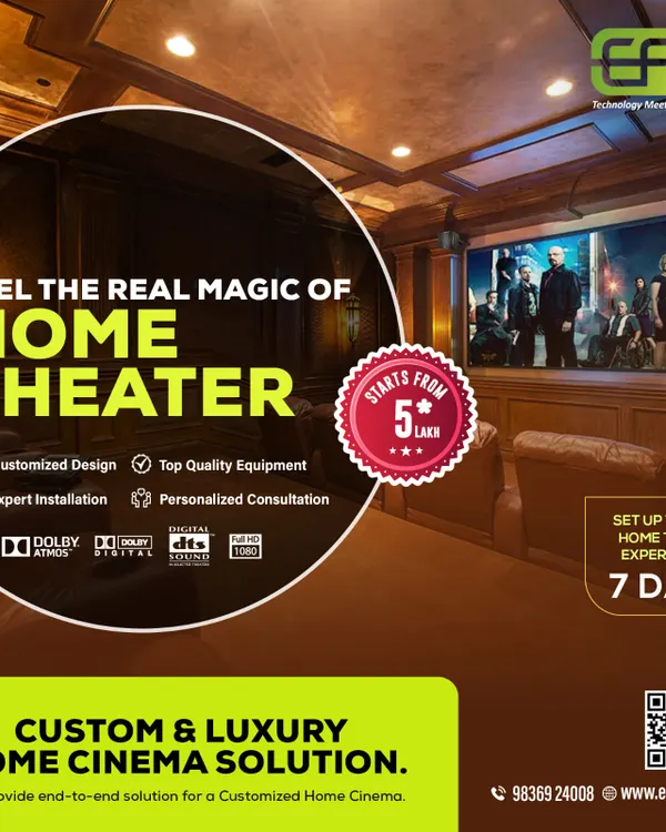 This promotional overview shows a classic, wood-paneled home cinema, highlighting our end-to-end solution which includes customized design and expert installation.