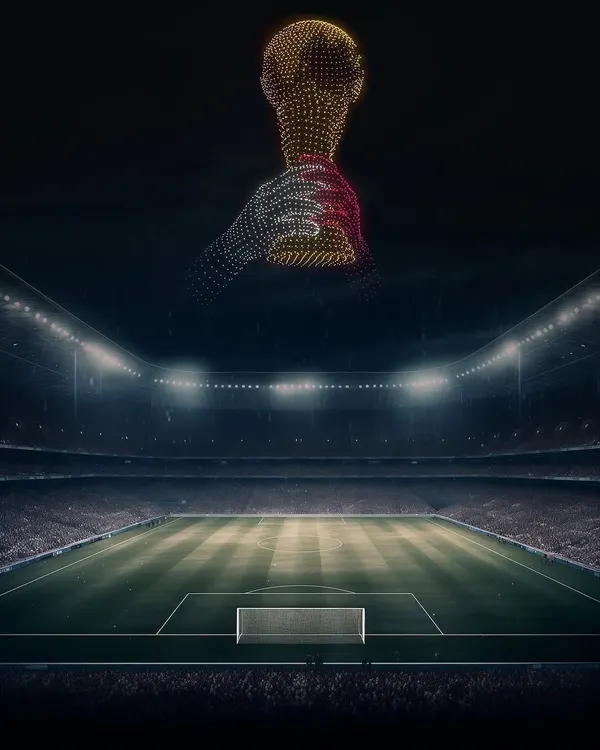 A concept showing a massive World Cup trophy formed by drones over a football stadium. This is the kind of high-impact visual I create to make championship celebrations truly legendary.