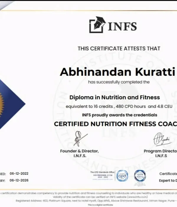 My official Diploma in Nutrition and Fitness from INFS, certifying me as a Nutrition and Fitness Coach.