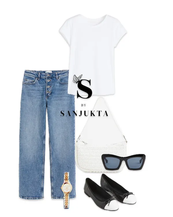 The ultimate classic combination: a simple white t-shirt and blue jeans. I elevate this timeless duo with chic ballerina flats and a structured white bag, proving that the simplest outfits can be the most stylish.