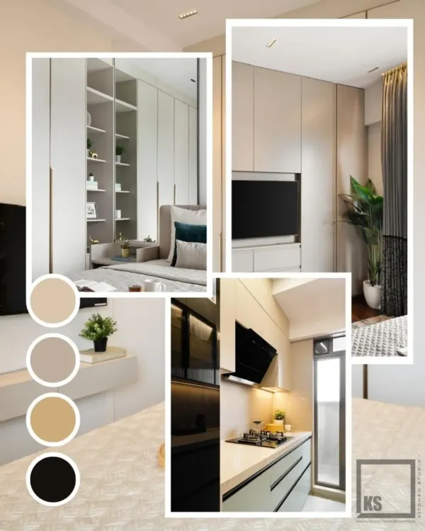 A mood board showing how we create a cohesive design language that flows from the kitchen to the bedroom, using a consistent color palette and material selection for both kitchens and wardrobes.