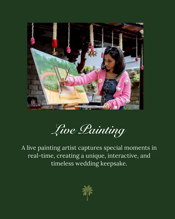 A live painting artist captures the wedding ceremony in real-time, creating a unique piece of art and an interactive experience for guests. The final painting becomes a timeless keepsake for the couple.