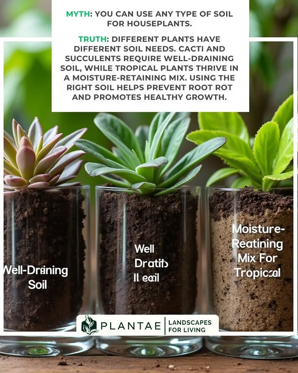 Myth: You can use any soil. Truth: Different plants have different needs. We help you choose the right mix, whether it's well-draining soil for succulents or a moisture-retaining mix for tropicals, to prevent root rot.