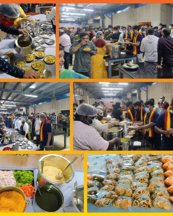 A collage from a large corporate catering event for 200 guests during Rajyothsava. It shows the buffet line, guests enjoying the food, and close-ups of the dishes like Hubballi Girmit.