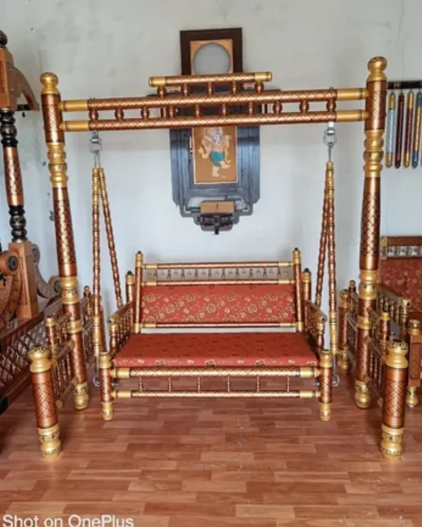 You can rent my authentic Sankheda jhula for your events. This is a high-quality, sturdy wooden swing with traditional brass-plated designs, perfect for baby showers, naming ceremonies, or weddings. I deliver it across Mumbai and Navi Mumbai.