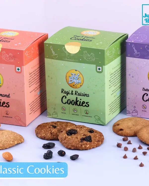 Our range of classic cookies, including Oats & Almond, Ragi & Raisins, and Butter Chocolate-Chip. They are made with wholesome ingredients and contain no preservatives.